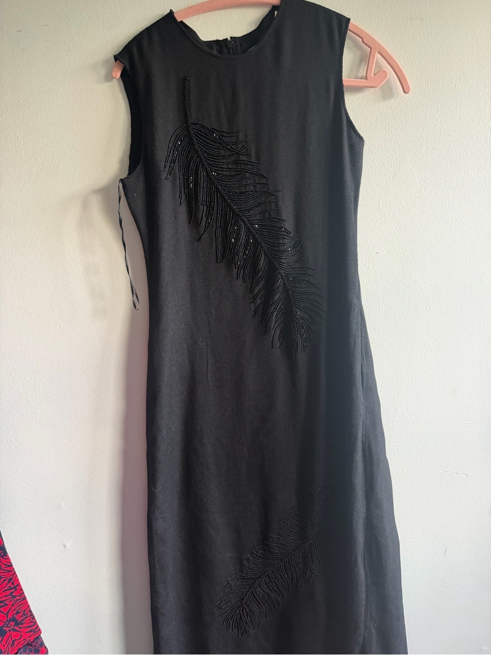 Zara Black Sleeveless Midi Dress with Feather Bead Detail limited edition linen